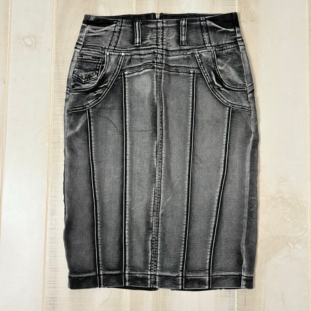Ranberri Black Denim Pencil Skirt Sz 26 High Waist Faded Wash Stretch Knee Lengt
